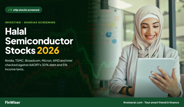 Halal semiconductor stocks 2026: a green microchip with a checkmark, showing six chip stocks screened against Shariah rules