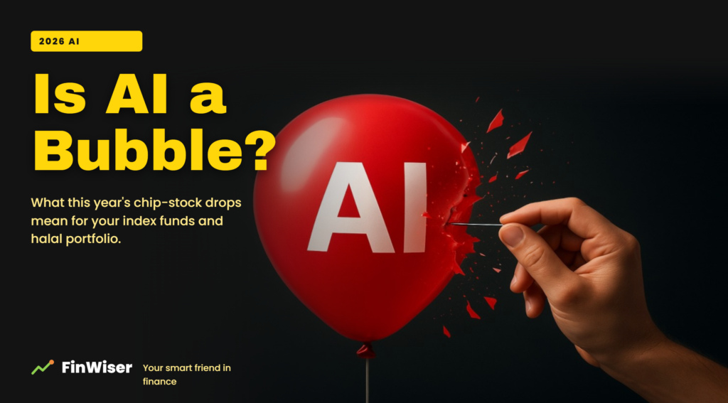 Is AI a bubble? A green AI bubble above a rising chip-stock line that turns sharply down, representing the 2026 AI selloffs