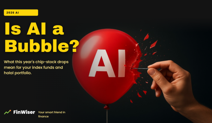 Is AI a bubble? A green AI bubble above a rising chip-stock line that turns sharply down, representing the 2026 AI selloffs
