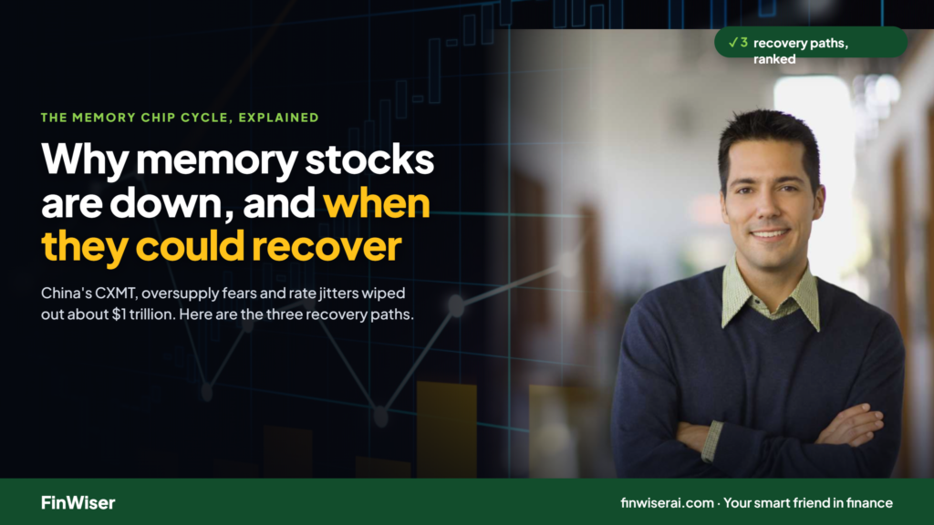 : Why memory stocks are down in 2026: a DRAM chip with a falling red line that turns into a dashed green recovery arrow