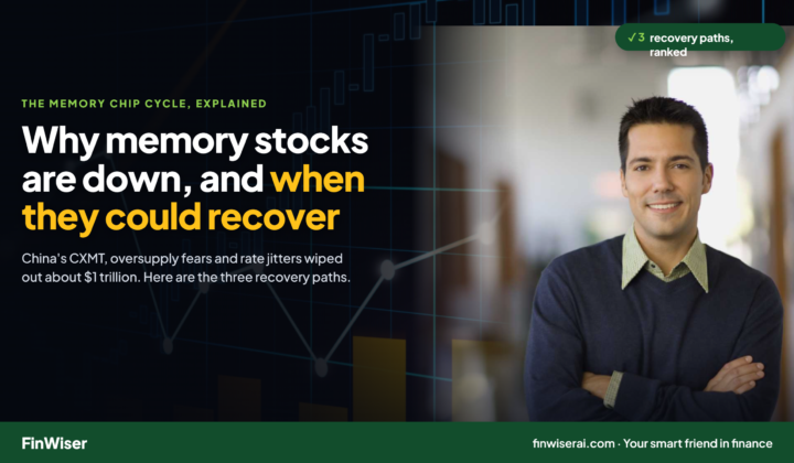 : Why memory stocks are down in 2026: a DRAM chip with a falling red line that turns into a dashed green recovery arrow