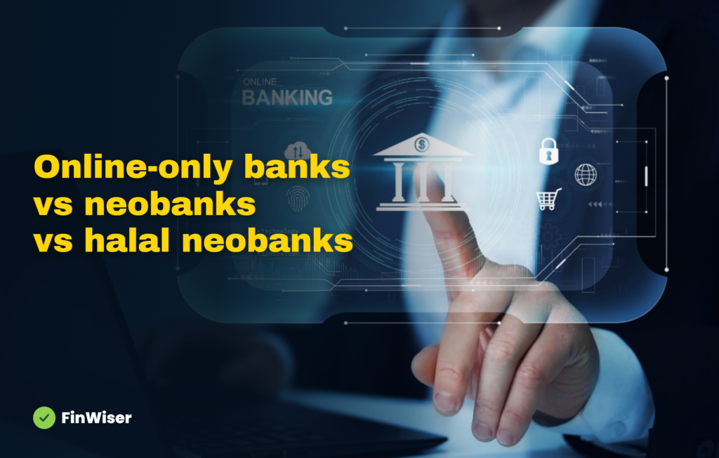 Best online bank comparison for 2026 showing three phone screens for an online-only bank, a neobank and a halal neobank