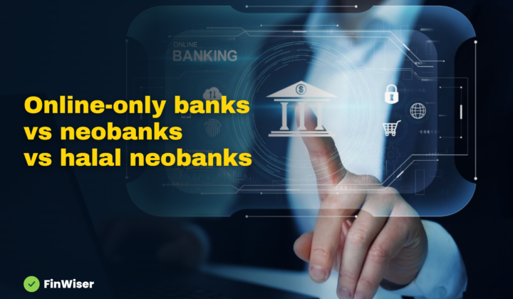 Best online bank comparison for 2026 showing three phone screens for an online-only bank, a neobank and a halal neobank
