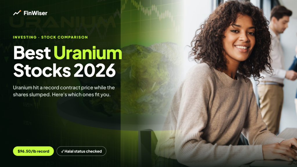 est uranium stocks 2026 chart showing Cameco, NexGen, URA and Centrus share bars falling while the uranium contract price line rises to a $96.50 record
