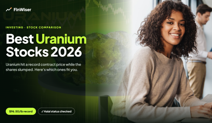 est uranium stocks 2026 chart showing Cameco, NexGen, URA and Centrus share bars falling while the uranium contract price line rises to a $96.50 record