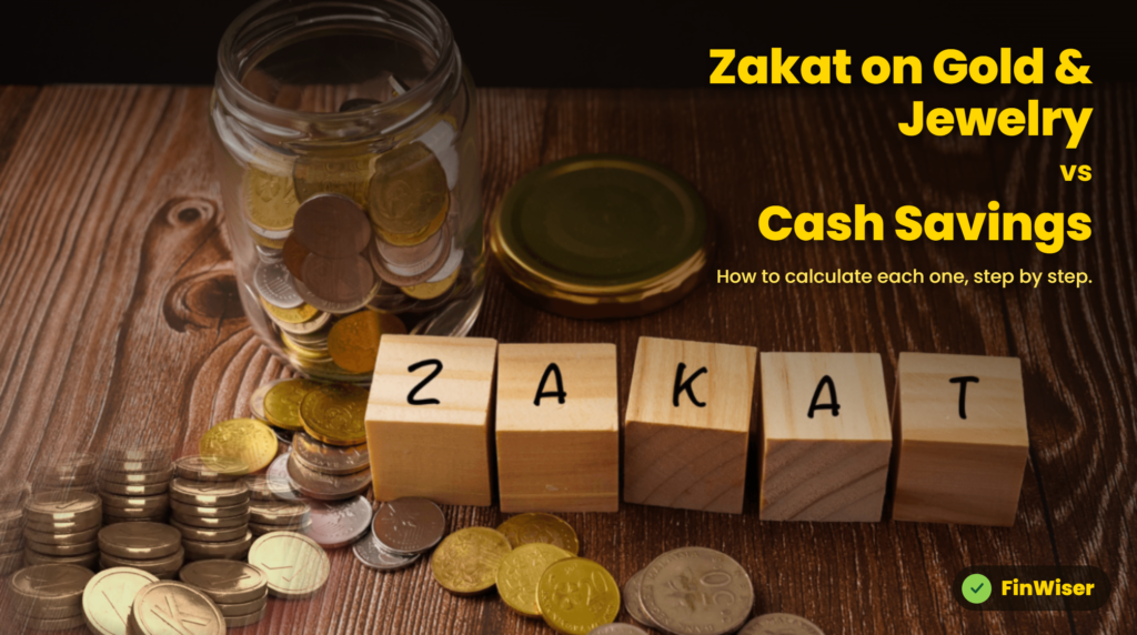 How to calculate zakat on gold and jewelry vs cash savings, shown as a balance scale with gold bangles on one side and cash on the other