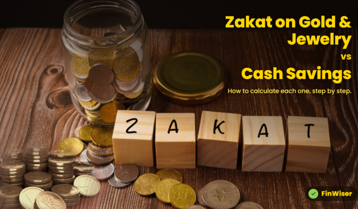 How to calculate zakat on gold and jewelry vs cash savings, shown as a balance scale with gold bangles on one side and cash on the other