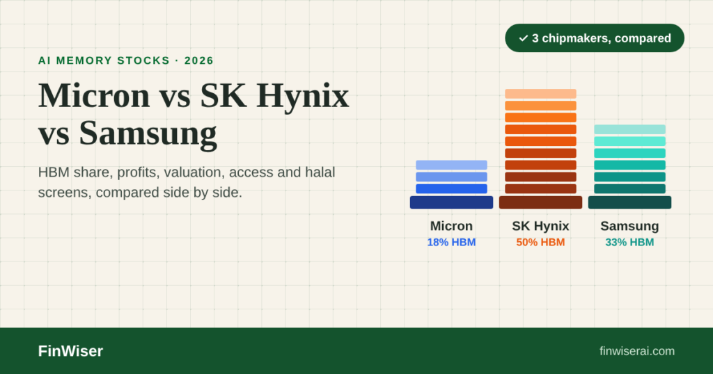 Micron vs SK Hynix vs Samsung memory chip stocks compared, with stacked HBM chips showing 18%, 50% and 33% market share