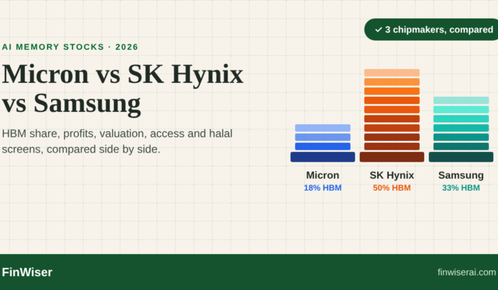 Micron vs SK Hynix vs Samsung memory chip stocks compared, with stacked HBM chips showing 18%, 50% and 33% market share