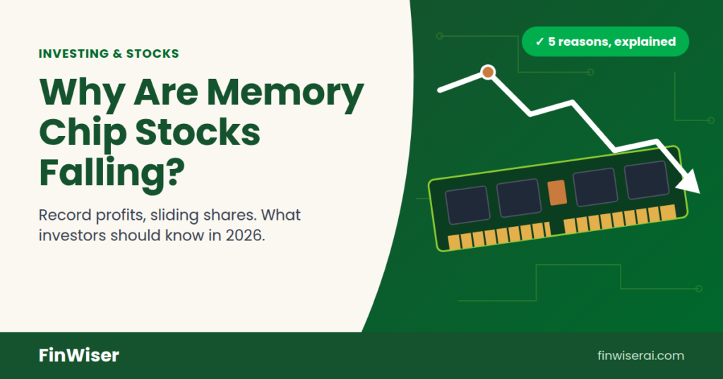 Why are memory stocks down in 2026: illustration of a memory chip module with a falling share price line