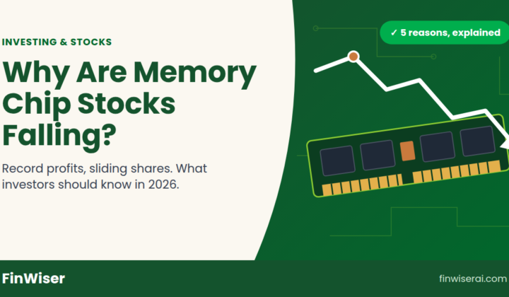 Why are memory stocks down in 2026: illustration of a memory chip module with a falling share price line